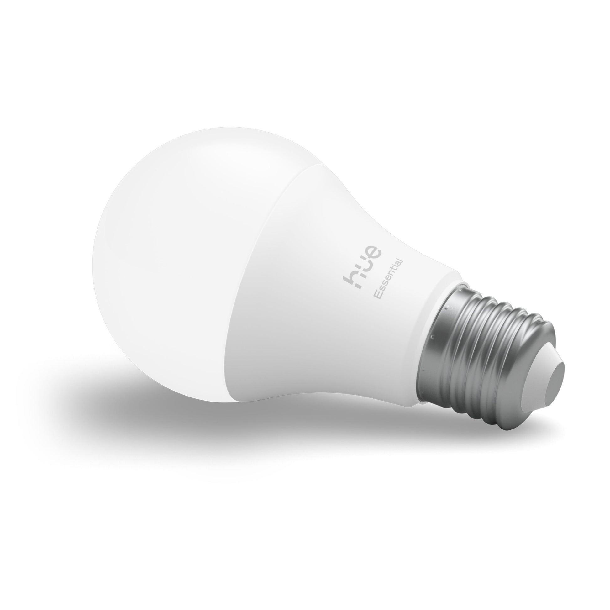 Philips Hue Essentiel Smart LED-pære E27 806 lm 1-pak med sølvfarvet fatning, synlig pære liggende.