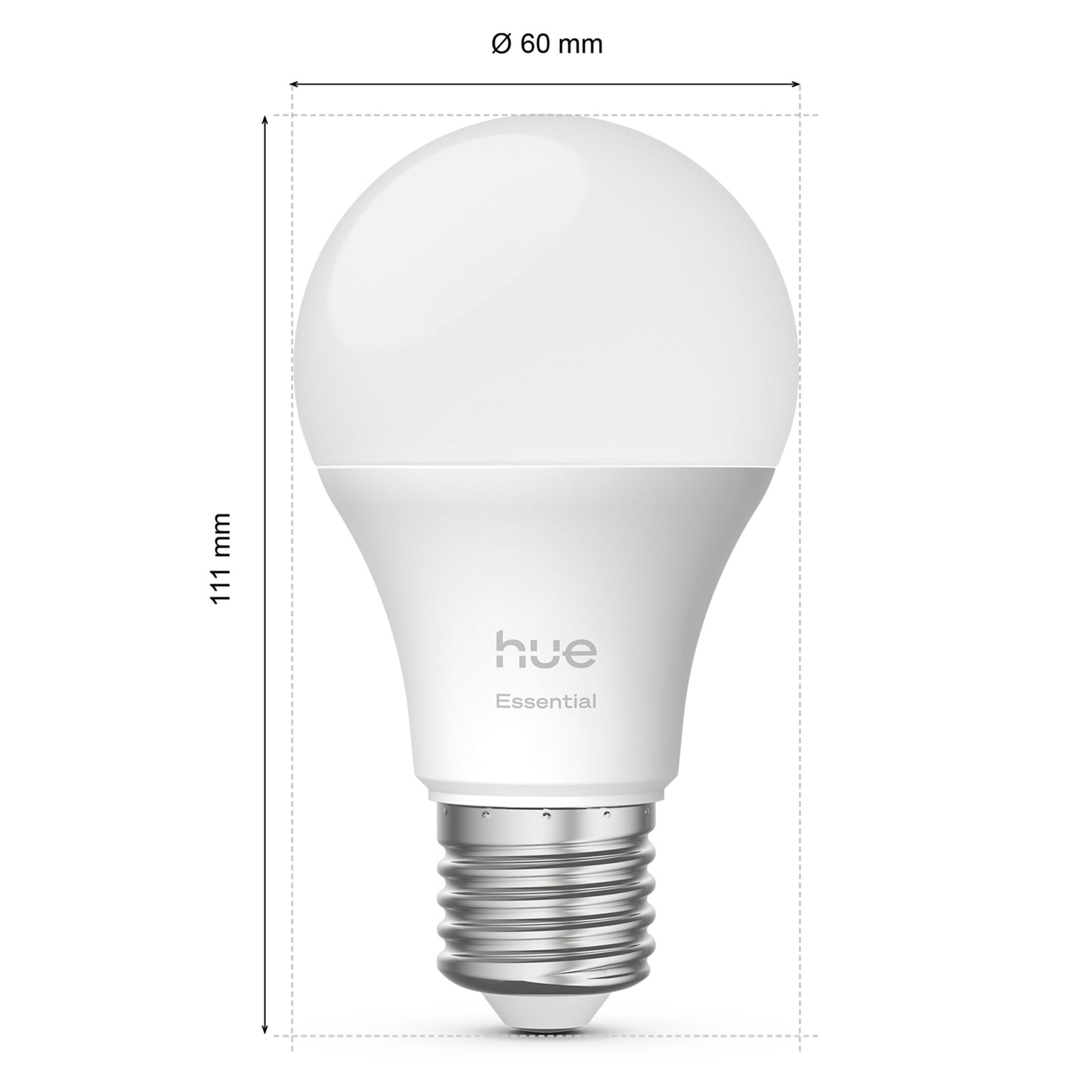 Philips Hue Essentiel Smart LED-pære E27 806 lm, 1 stk, diameter 60 mm, højde 111 mm.