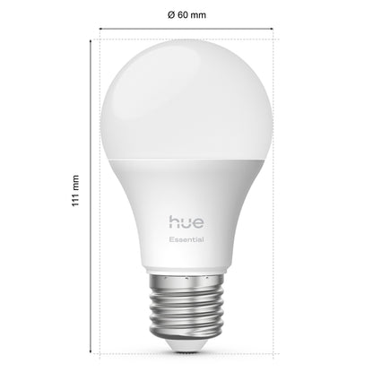 Philips Hue Essentiel Smart LED-pære E27 806 lm, 1 stk, diameter 60 mm, højde 111 mm.