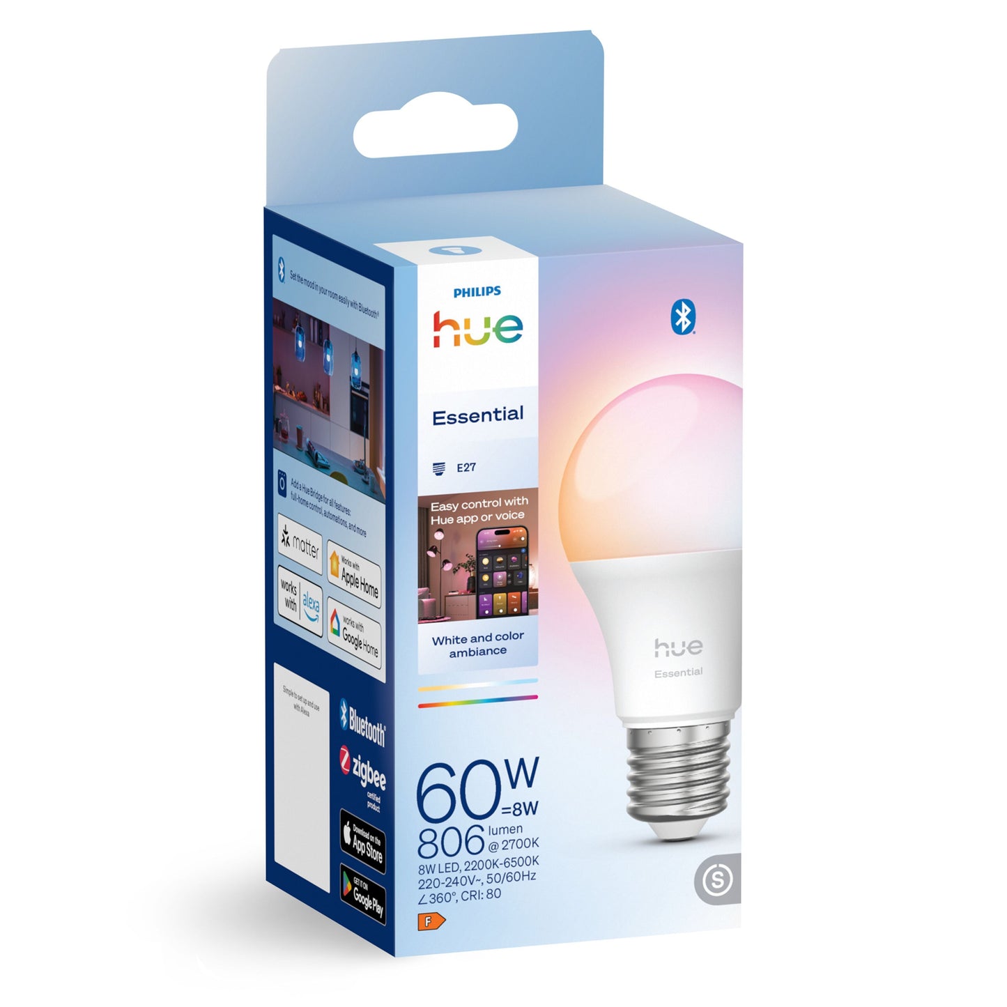 Philips Hue Essentiel Smart LED-pære E27 806 lm hvid og farve, 60W tilsvarende, Bluetooth, appstyring, 1-pak.