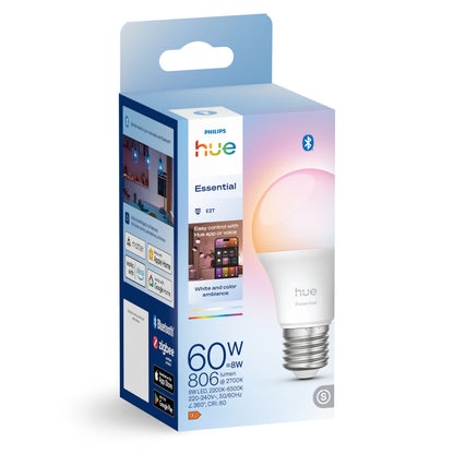Philips Hue Essentiel Smart LED-pære E27 806 lm hvid og farve, 60W tilsvarende, Bluetooth, appstyring, 1-pak.