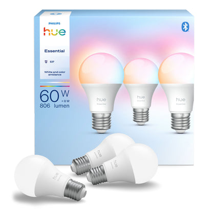 Philips Hue Essentiel Smart LED-pære E27 806 lm 3-pak, hvide og farvestrålende pærer, Bluetooth-logo på æsken.