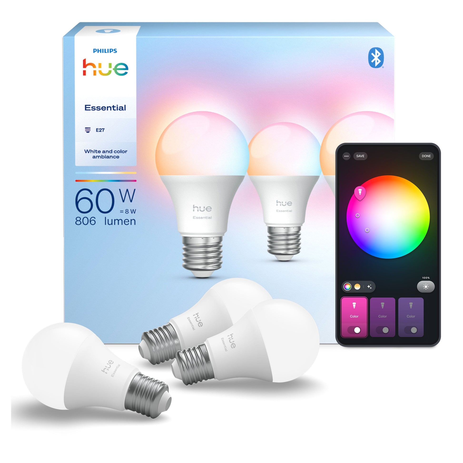 Philips Hue Essentiel Smart LED-pære E27 806 lm 3-pak styres via app justerbar lysfarve og lysstyrke.