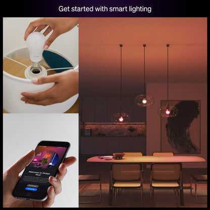 Philips Hue Essentiel Smart LED-pære E27 806 lm installeres, Hue app på smartphone, pink pendelbelysning.