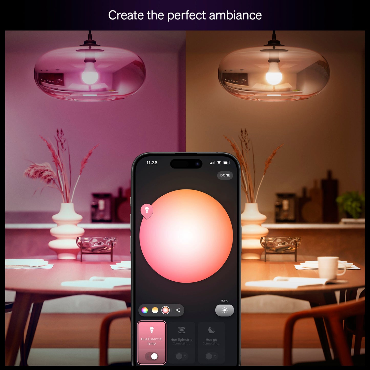 Philips Hue Essentiel Smart LED-pære E27 806 lm viser varmt rosa lys i den ene side og neutralt hvid i den anden via app.
