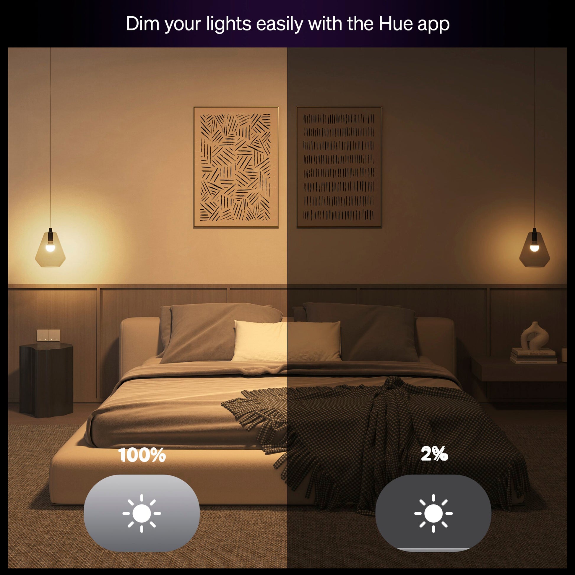Philips Hue Essentiel Smart LED-pære E27 806 lm 3-pakning, lysstyrkevisning fra 100 til 2, tekst med produktnavn.