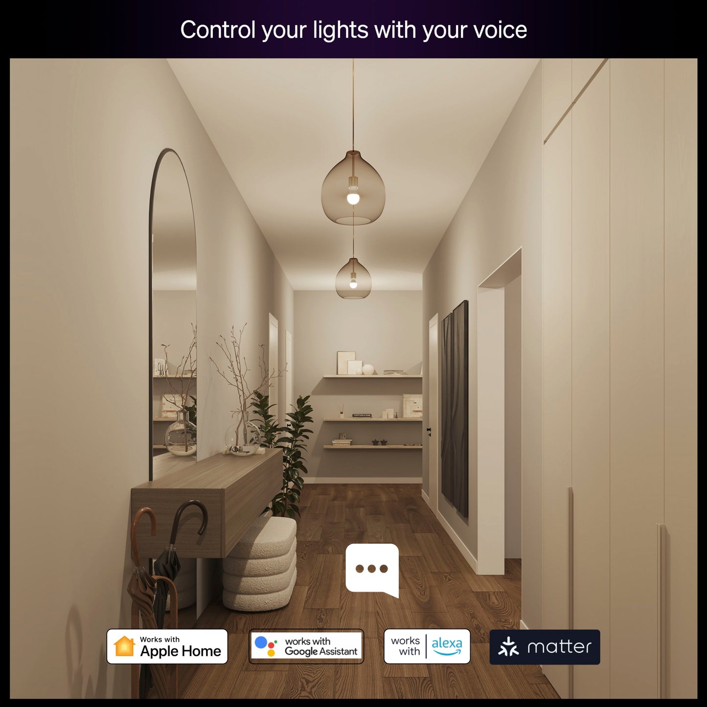 Philips Hue Essentiel Smart LED-pære E27 1-pak/3-pak i pendellamper, Philips Hue og E27 ikoner, tekst: "Styr din belysning med stemmen.