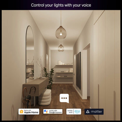 Philips Hue Essentiel Smart LED-pære E27 1-pak/3-pak i pendellamper, Philips Hue og E27 ikoner, tekst: "Styr din belysning med stemmen.