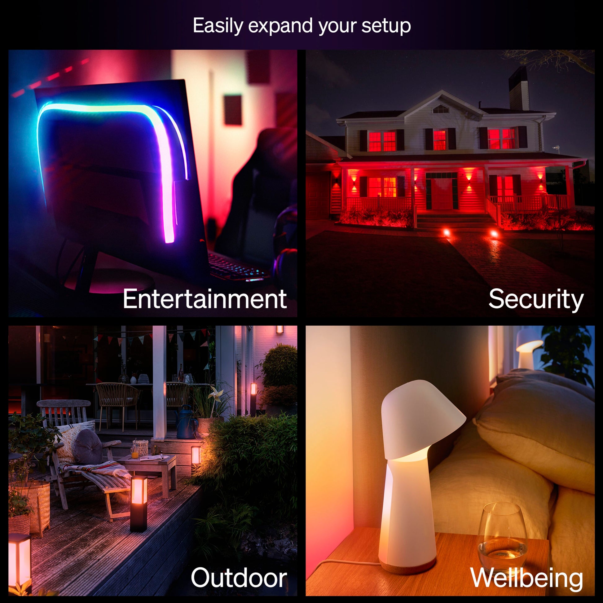 Philips Hue Essentiel Smart LED-pære E27 3-pak viser farverigt lys til pc, udendørs, terrasse og natbord.