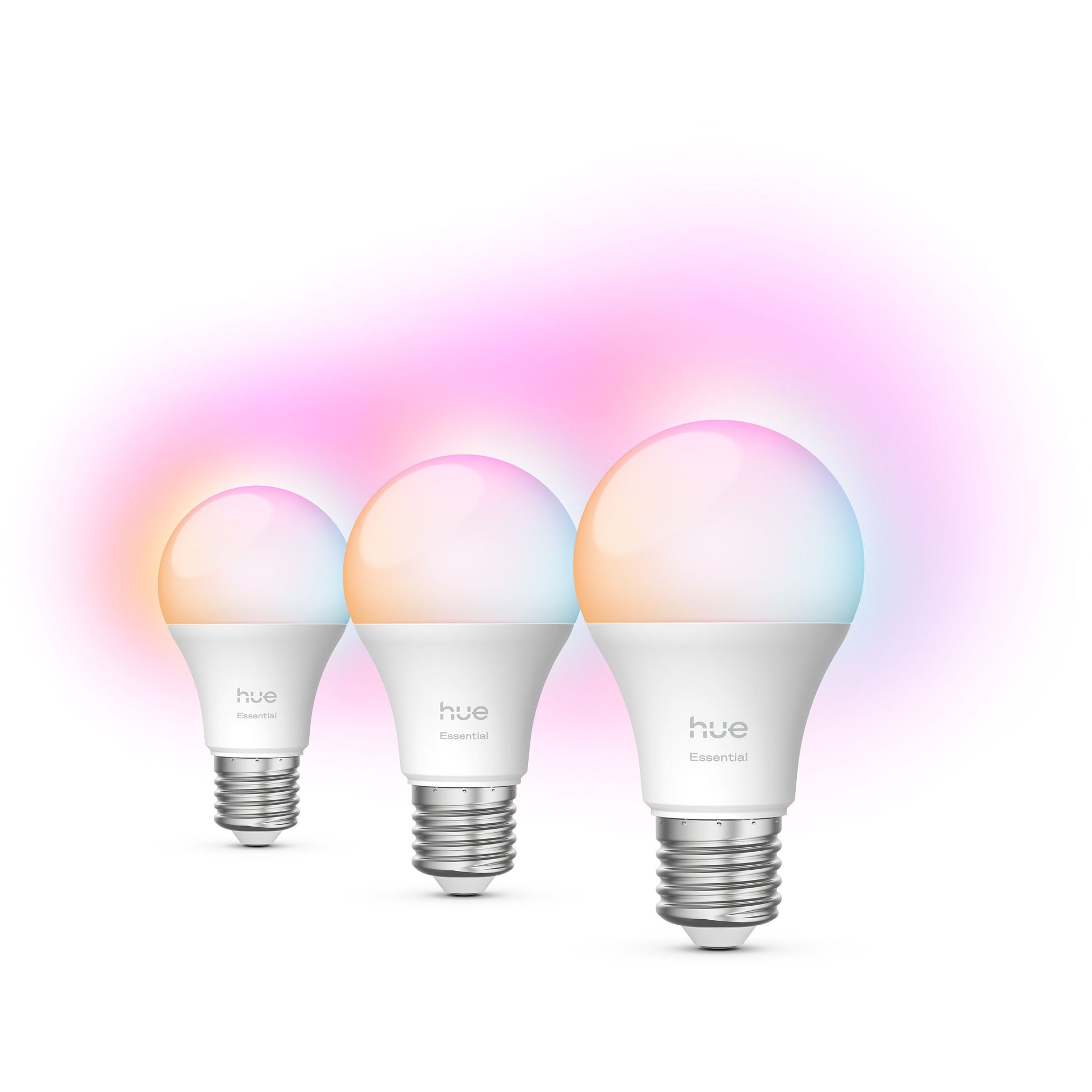 Philips Hue Essentiel Smart LED-pærer E27 806 lm 3-pak, lyser i pink, orange og blå tilbageskiftende farver.