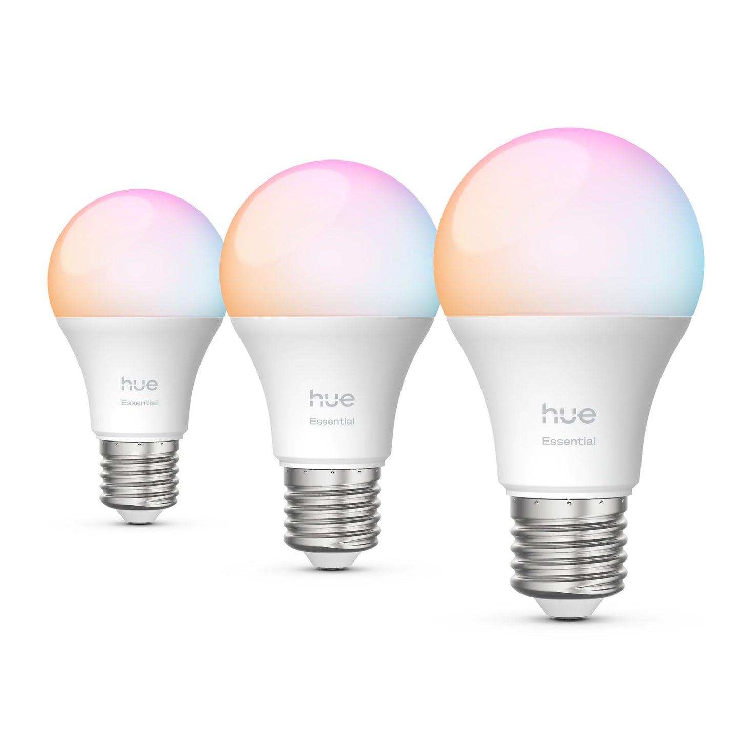 Philips Hue Essentiel Smart LED-pærer E27 806 lm 3-pak med hvide baser og flerfarvede toppe i række.