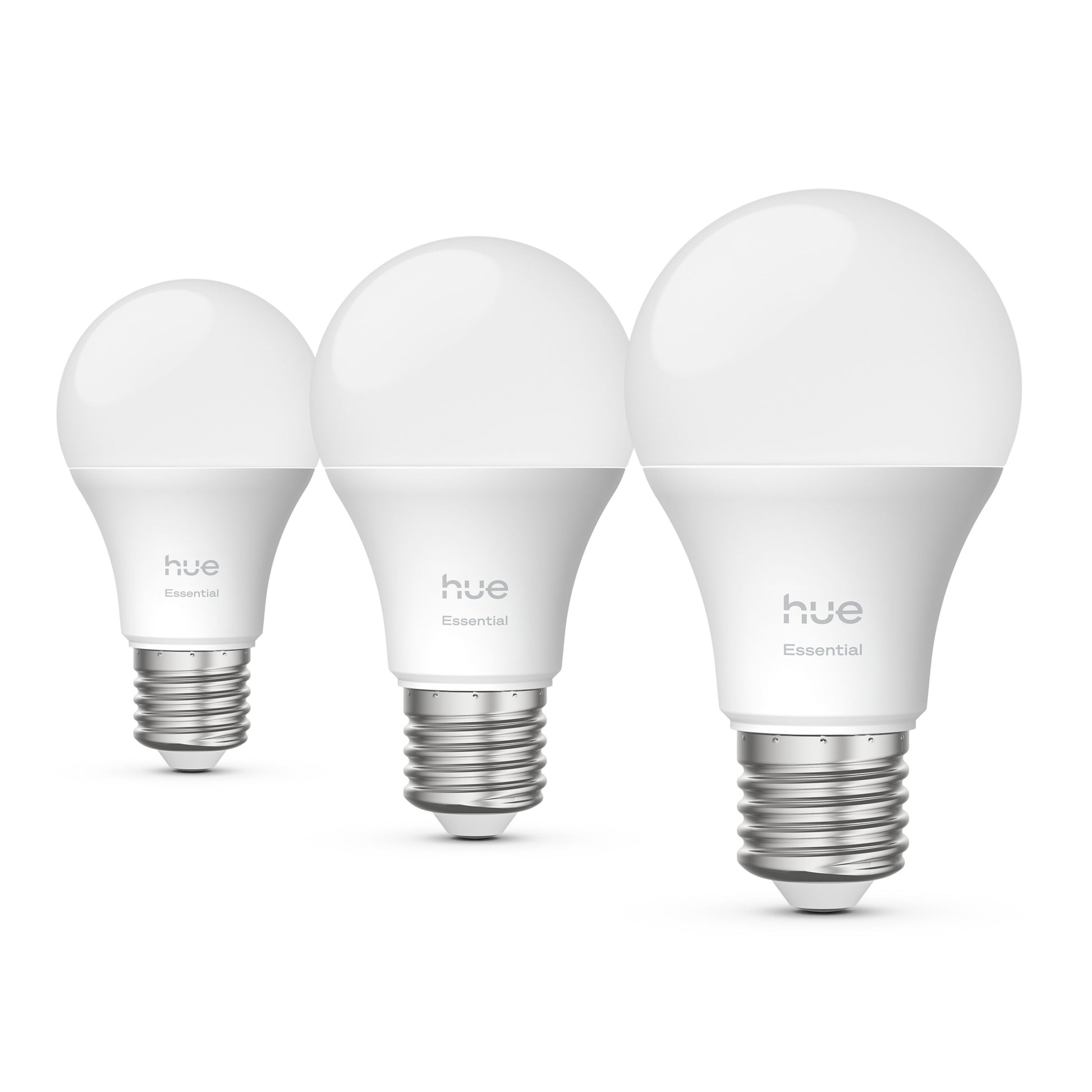 Philips Hue Essentiel Smart LED-pære E27 806 lm 3-pak, rund top og metalsokkel, tre pærer stående på række.