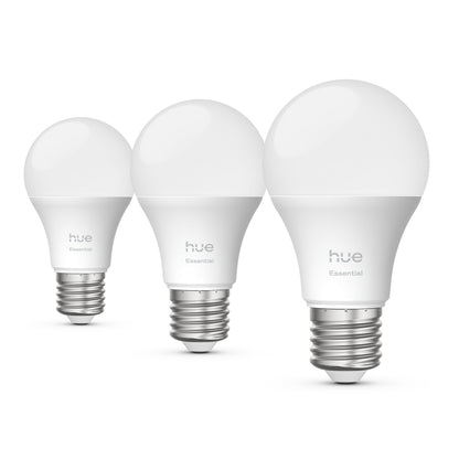 Philips Hue Essentiel Smart LED-pære E27 806 lm 3-pak, rund top og metalsokkel, tre pærer stående på række.