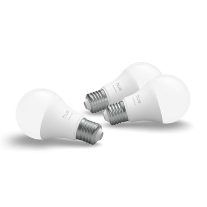 Philips Hue Essentiel Smart LED-pærer E27 806 lm 3-pak hvidt frostet glas sølvfarvede sokler.