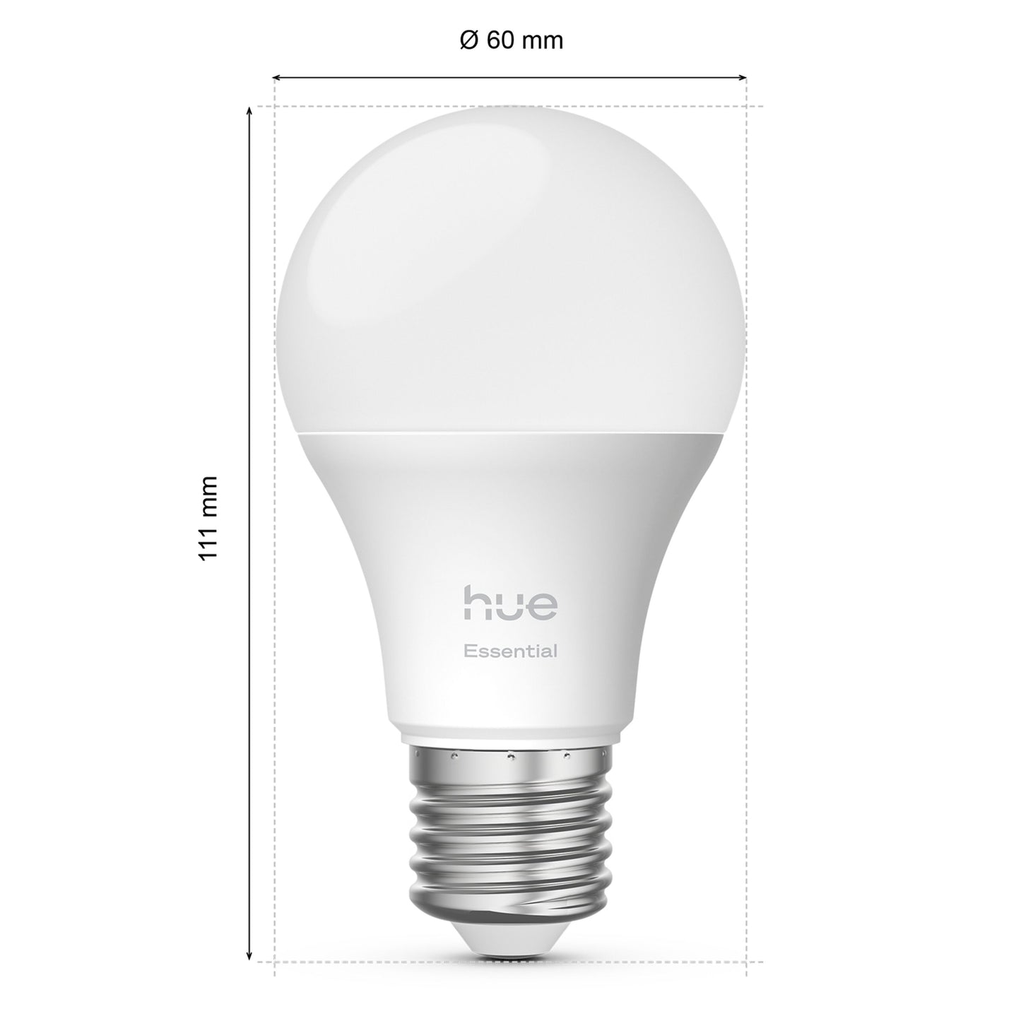 Philips Hue Essentiel Smart LED-pære E27 806 lm, rund top, 60 mm diameter, 111 mm højde, fås som 1- eller 3-pak.