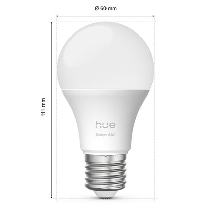 Philips Hue Essentiel Smart LED-pære E27 806 lm, rund top, 60 mm diameter, 111 mm højde, fås som 1- eller 3-pak.