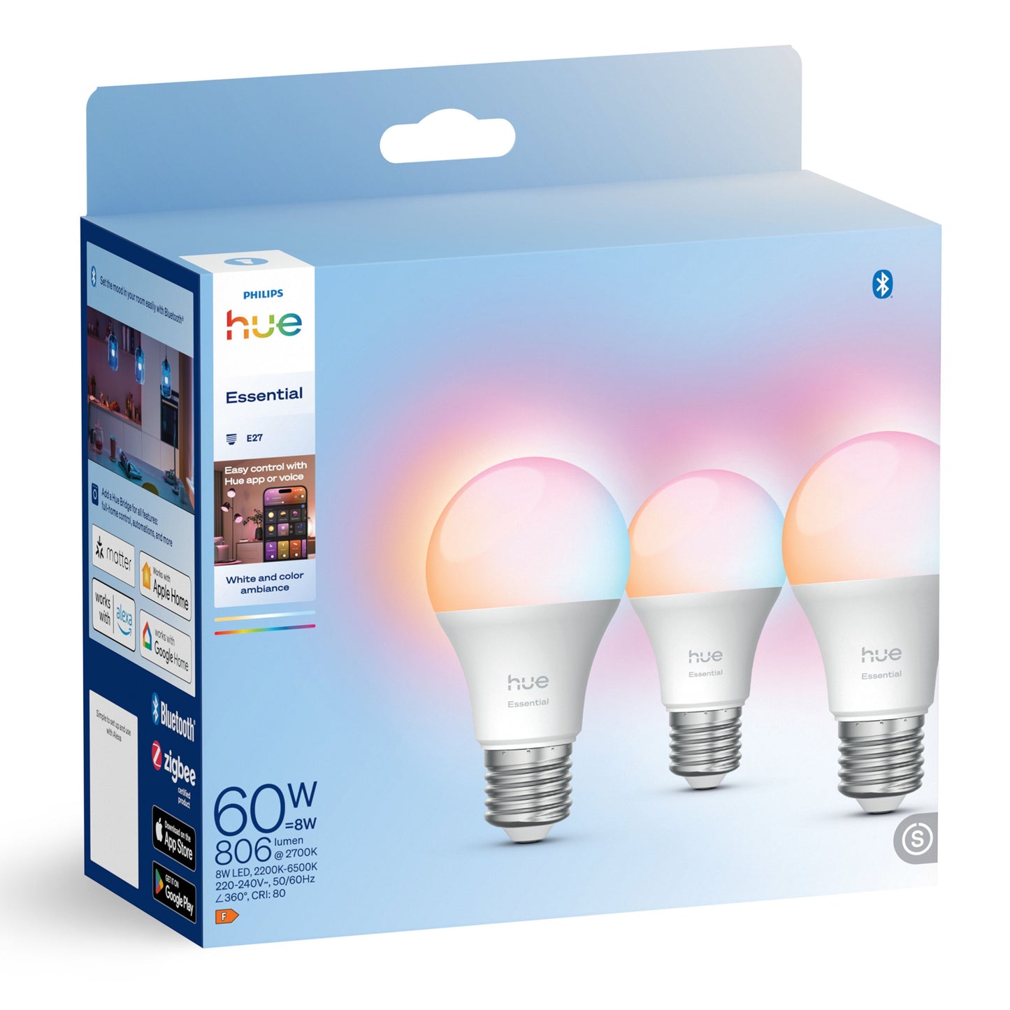 Philips Hue Essentiel Smart LED-pære E27 806 lm 3-pak hvid og farveambiance Bluetooth Zigbee Alexa Apple Google kompatibel.