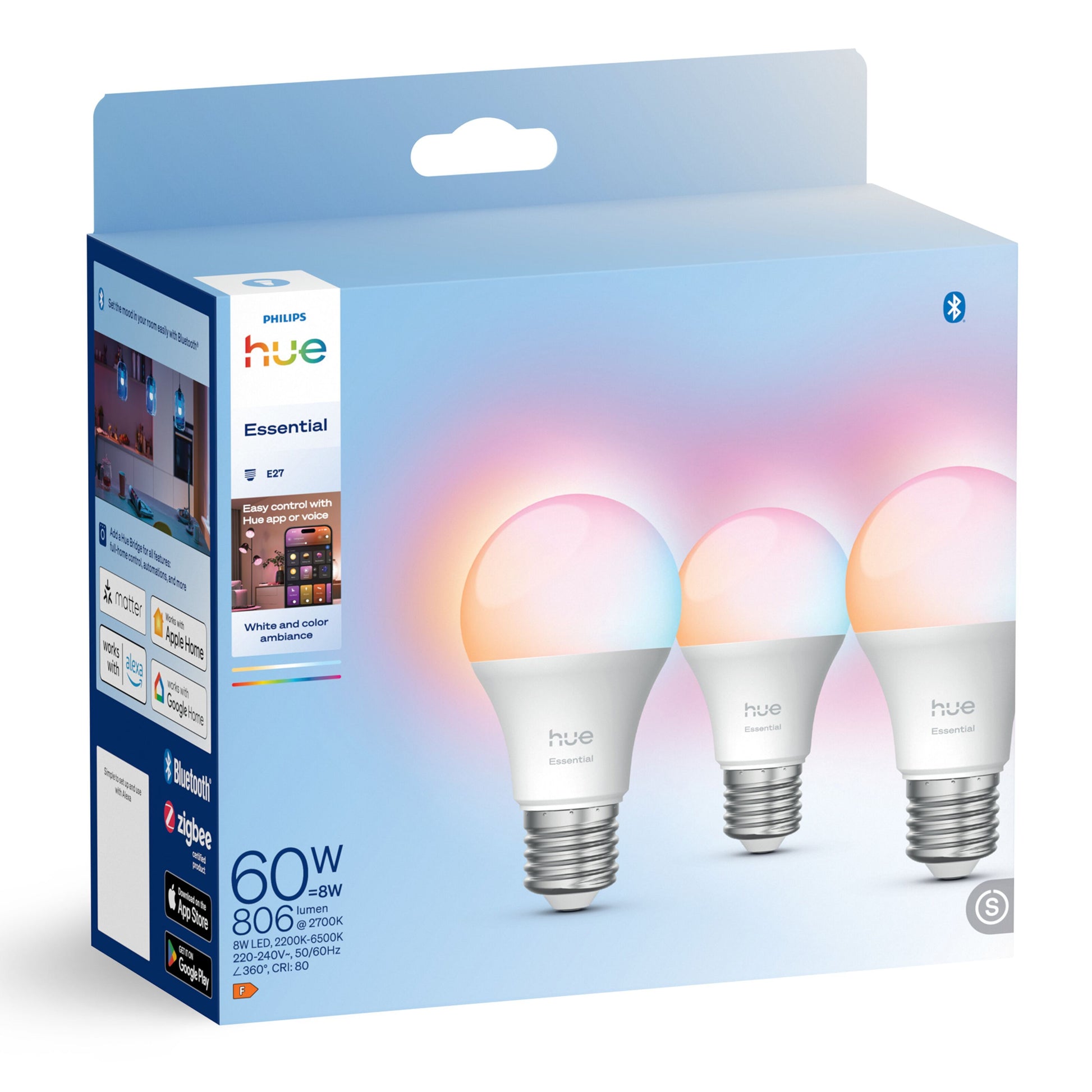 Philips Hue Essentiel Smart LED-pære E27 806 lm 3-pak hvid og farveambiance Bluetooth Zigbee Alexa Apple Google kompatibel.