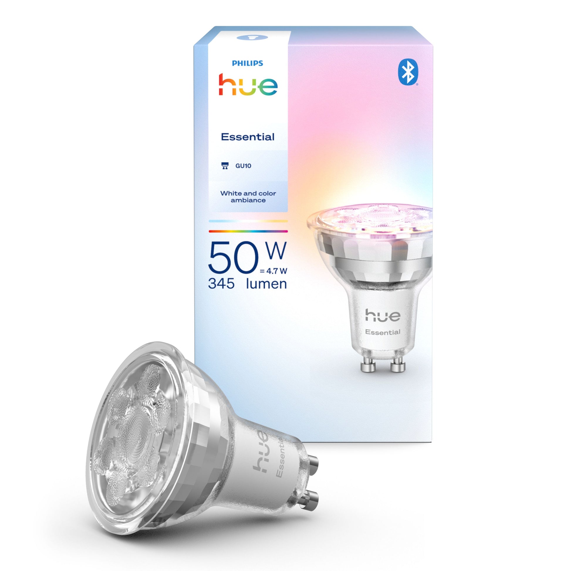 Philips Hue Essential Smart LED-pære GU10 345 lm, 1-pak med æske, Bluetooth, hvidt og farvet lys.
