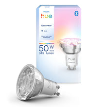 Philips Hue Essential Smart LED-pære GU10 345 lm, 1-pak med æske, Bluetooth, hvidt og farvet lys.