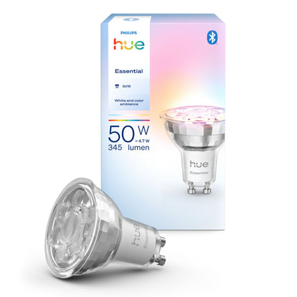 Philips Hue Essential Smart LED-pære GU10 345 lm, 1-pak med æske, Bluetooth, hvidt og farvet lys.