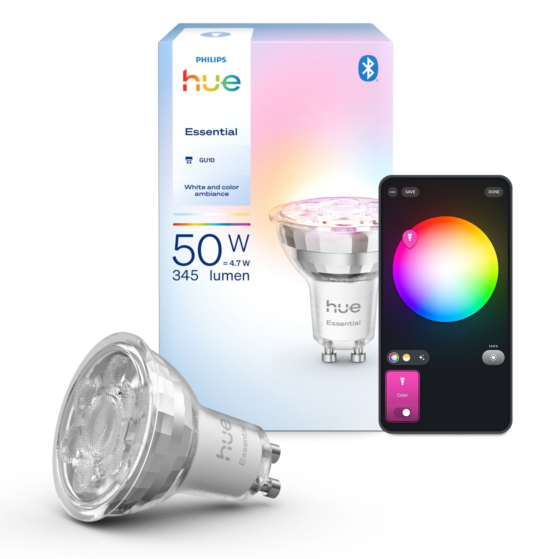 Philips Hue Essential Smart LED-pære GU10 345 lm 1-pak foran æske, smartphone viser farvevalg.