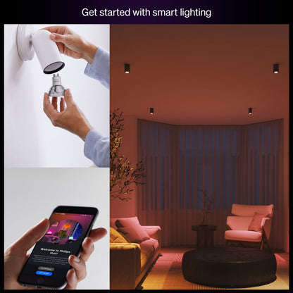 Philips Hue Essential Smart LED-pære GU10 345 lm, app-brug, smart belysning, tekst: Kom godt i gang med smart belysning.