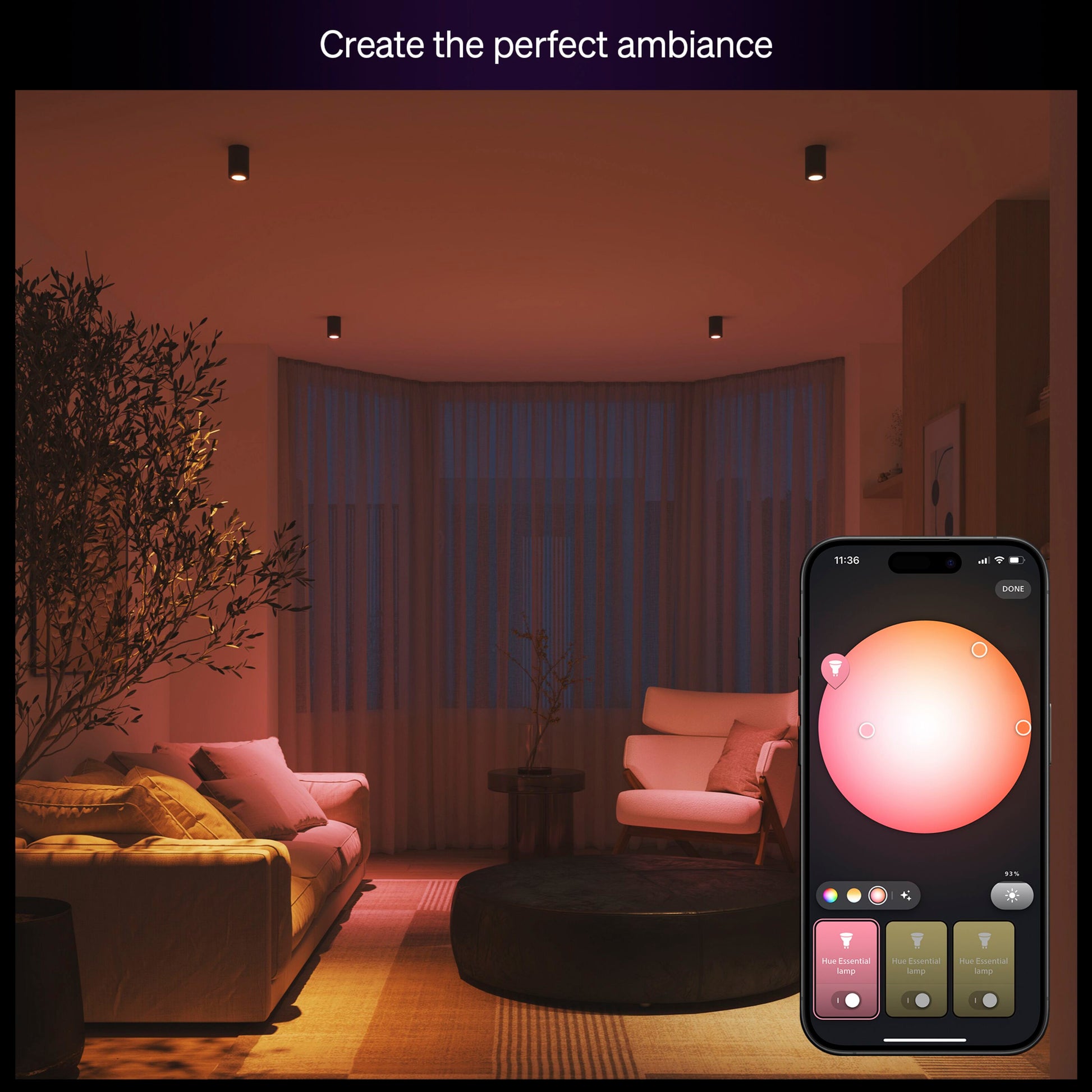 Philips Hue Essential Smart LED-pære GU10 345 lm med farveskift vist i appens farvevælger på smartphone.