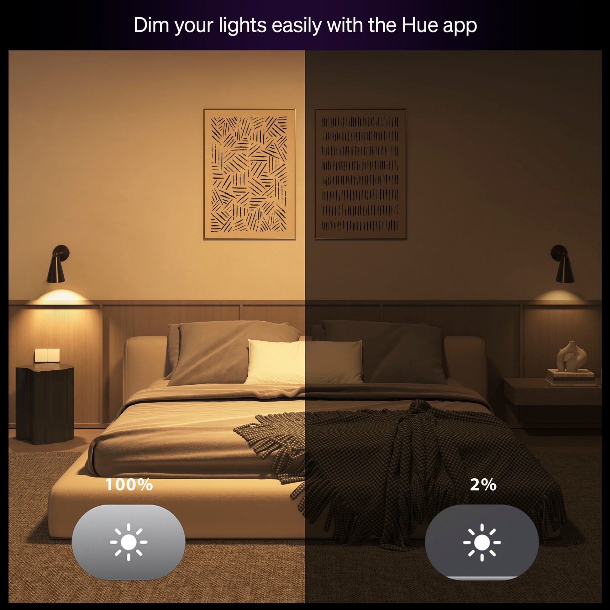 Philips Hue Essential Smart LED-pære GU10 345 lm vises med lysstyrkejustering via app fra 100 til 2.