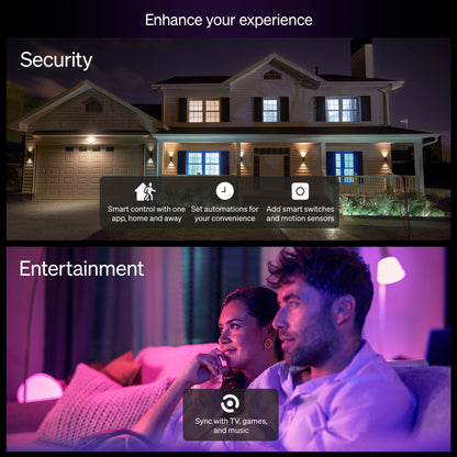 Philips Hue Essential Smart LED-pære GU10 i brug indendørs og udendørs, natbelysning i hjem og stue.