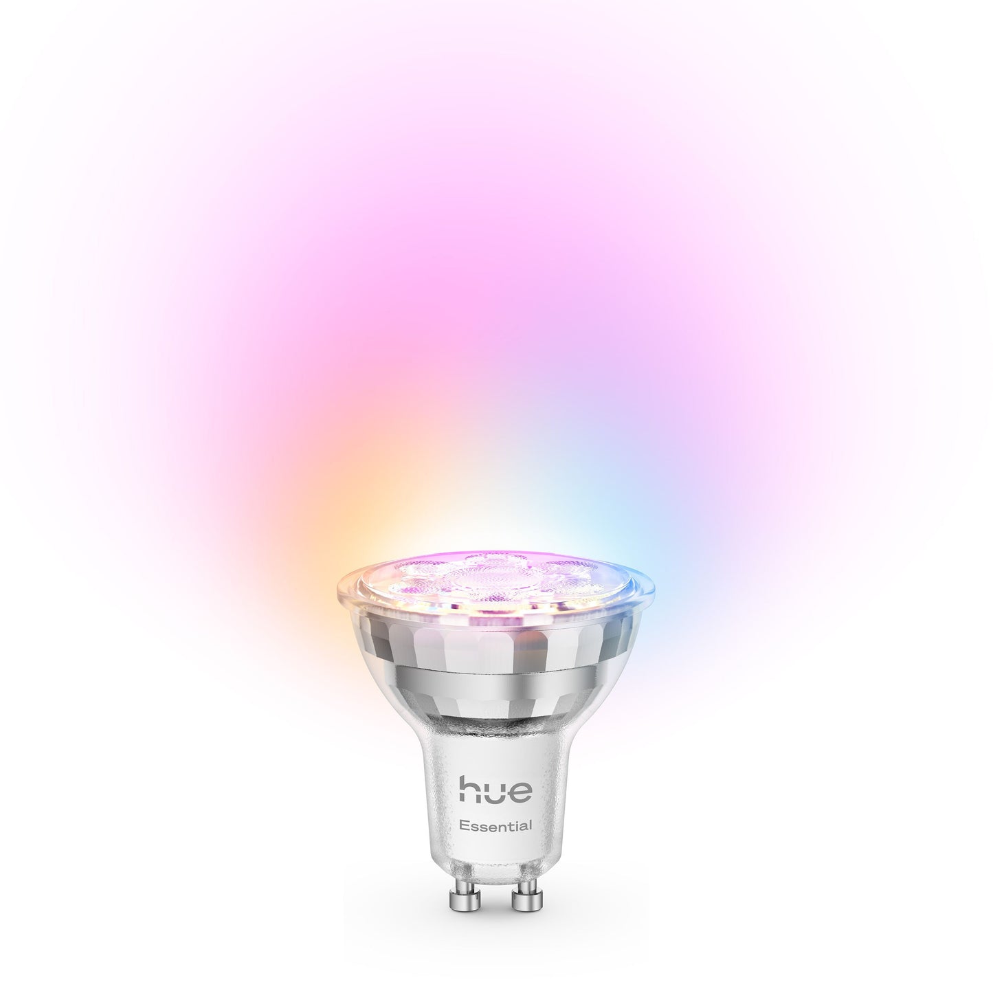 Philips Hue Essential Smart LED-pære GU10 345 lm med gradientglød i rosa, lilla, blå, orange og gul.