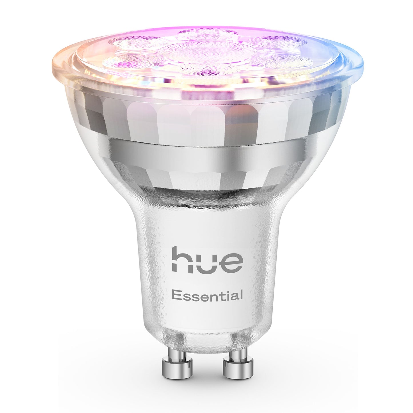 Philips Hue Essential Smart LED-pære GU10 345 lm metallic finish med Hue Essential-logo, lyser lilla, blå og gul.