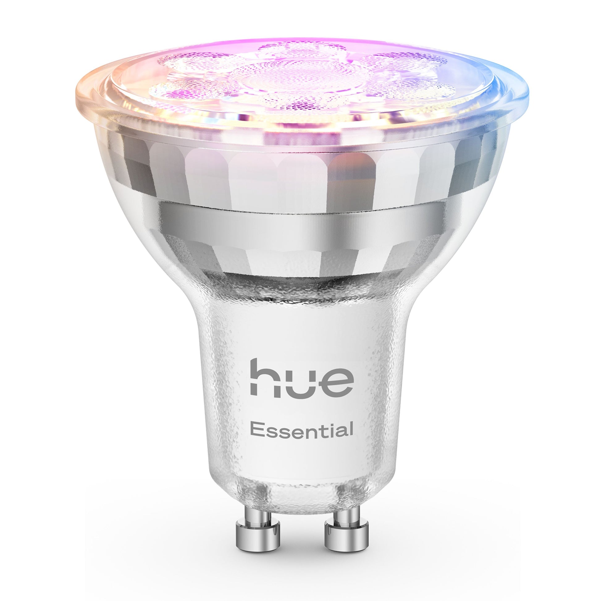 Philips Hue Essential Smart LED-pære GU10 345 lm metallic finish med Hue Essential-logo, lyser lilla, blå og gul.
