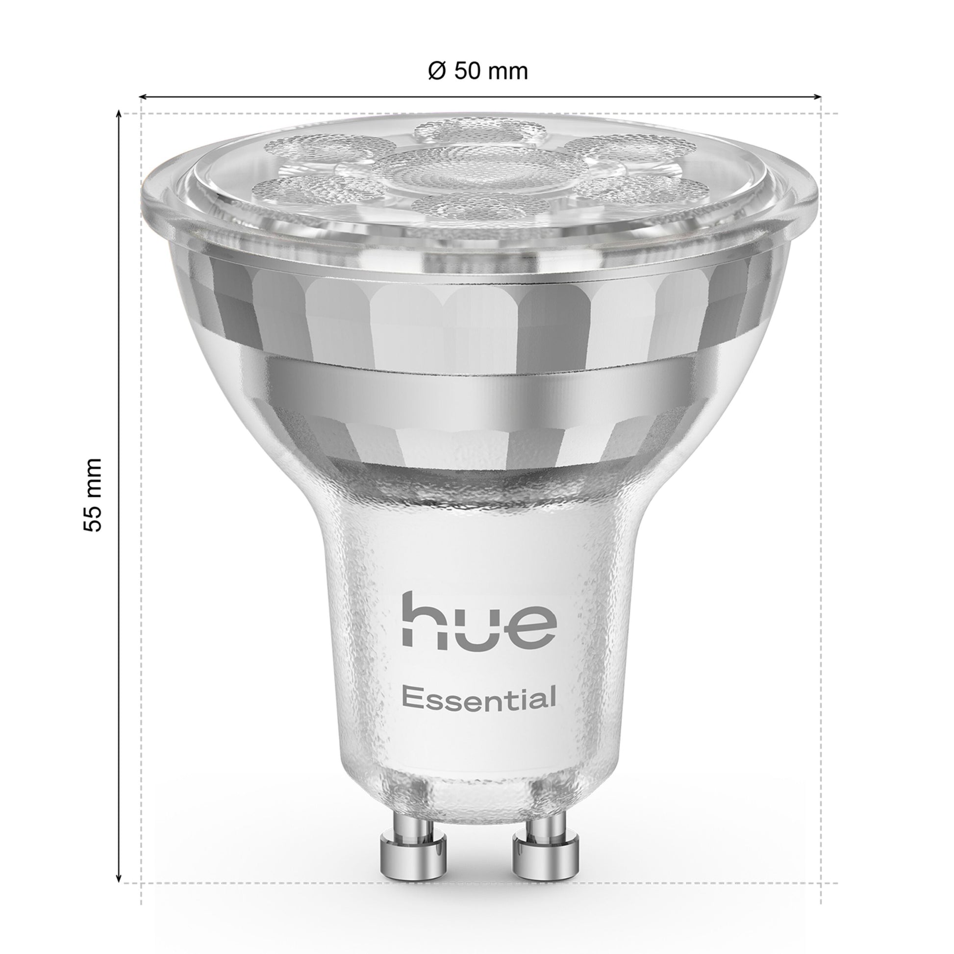 Philips Hue Essential Smart LED-pære GU10 345 lm 1-pakning med synlige mærkede mål.