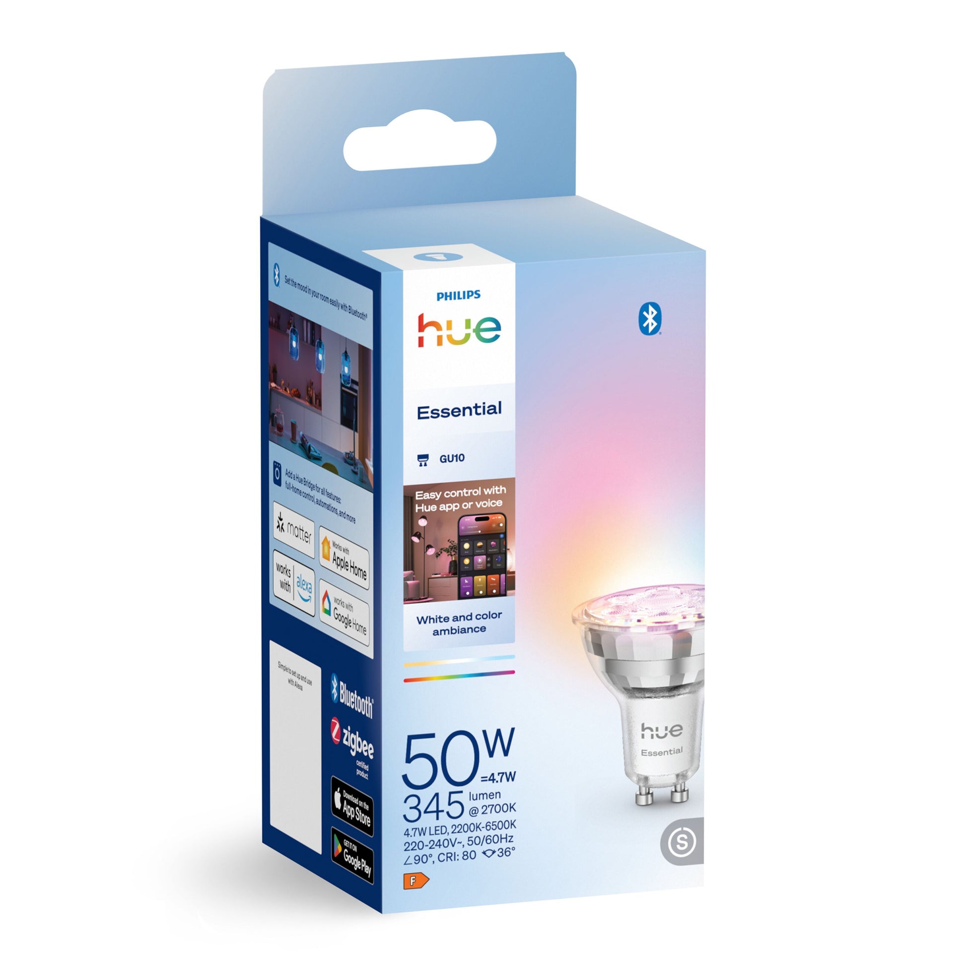 Philips Hue Essential Smart LED-pære GU10 345 lm 1-pak, blå/hvid æske, Bluetooth-logo, kompatibilitet, justerbar farve lys.
