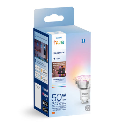 Philips Hue Essential Smart LED-pære GU10 345 lm 1-pak, blå/hvid æske, Bluetooth-logo, kompatibilitet, justerbar farve lys.
