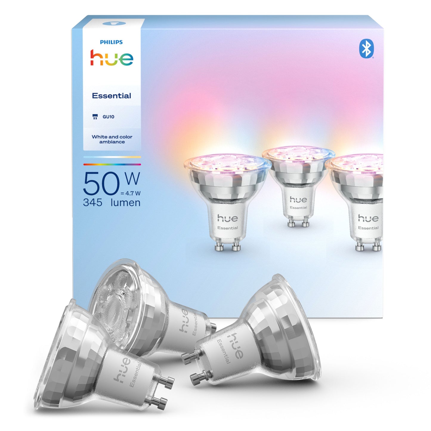 Philips Hue Essential Smart LED-pærer GU10 345 lm 3-pak med emballage, 50W ækvivalent, hvid og farvet lys, Bluetooth.