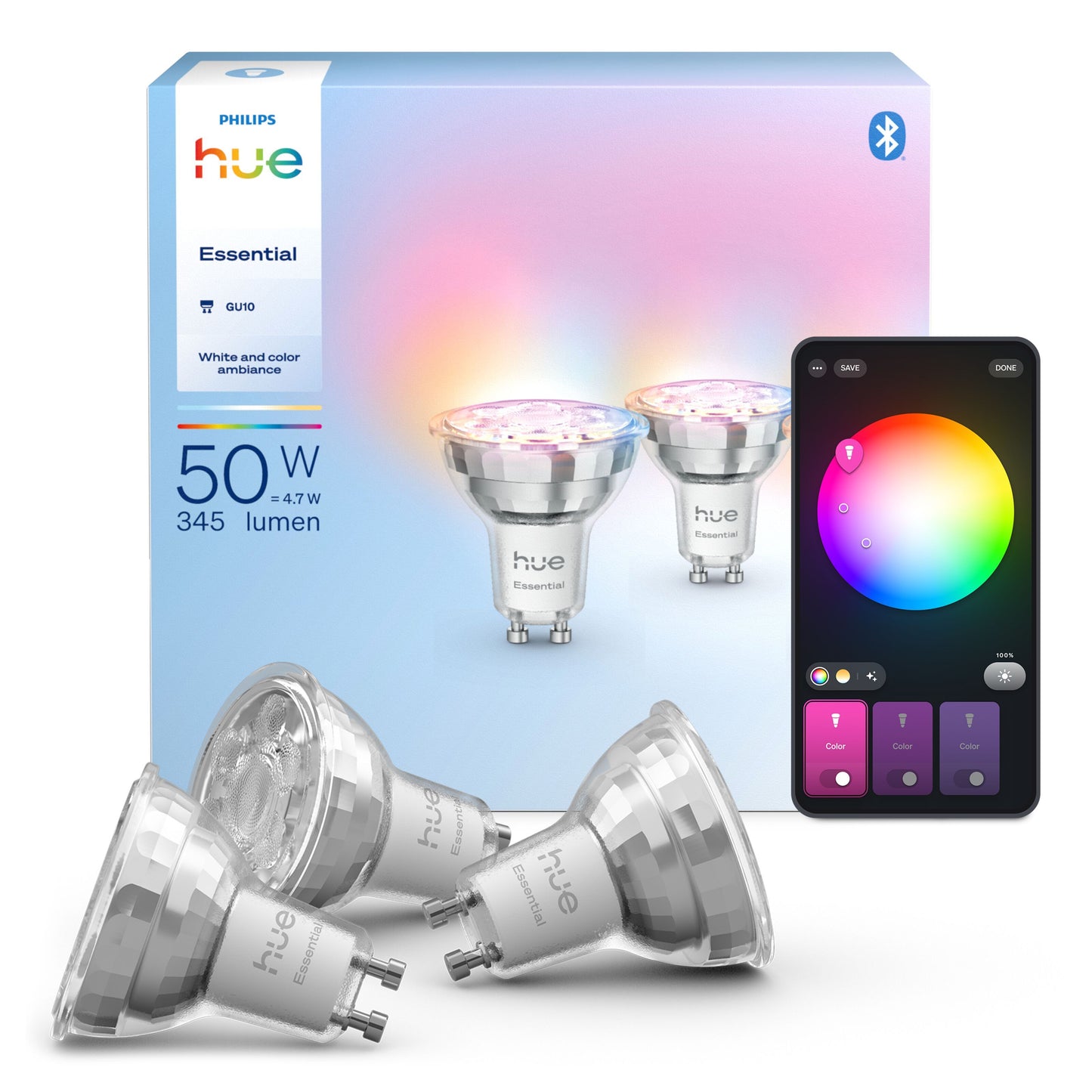 Philips Hue Essential Smart LED-pærer GU10 345 lm 3-pak med emballage, to tændte pærer, smartphone med Hue app farvehjul.