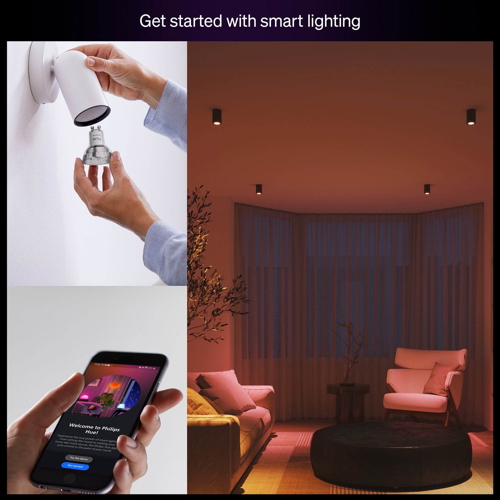 PhilipsHue Essential Smart LED-pære GU10 345 lm 3-pak, ses med smartphone-styring og tekst: Kom godt i gang med smart belysning.