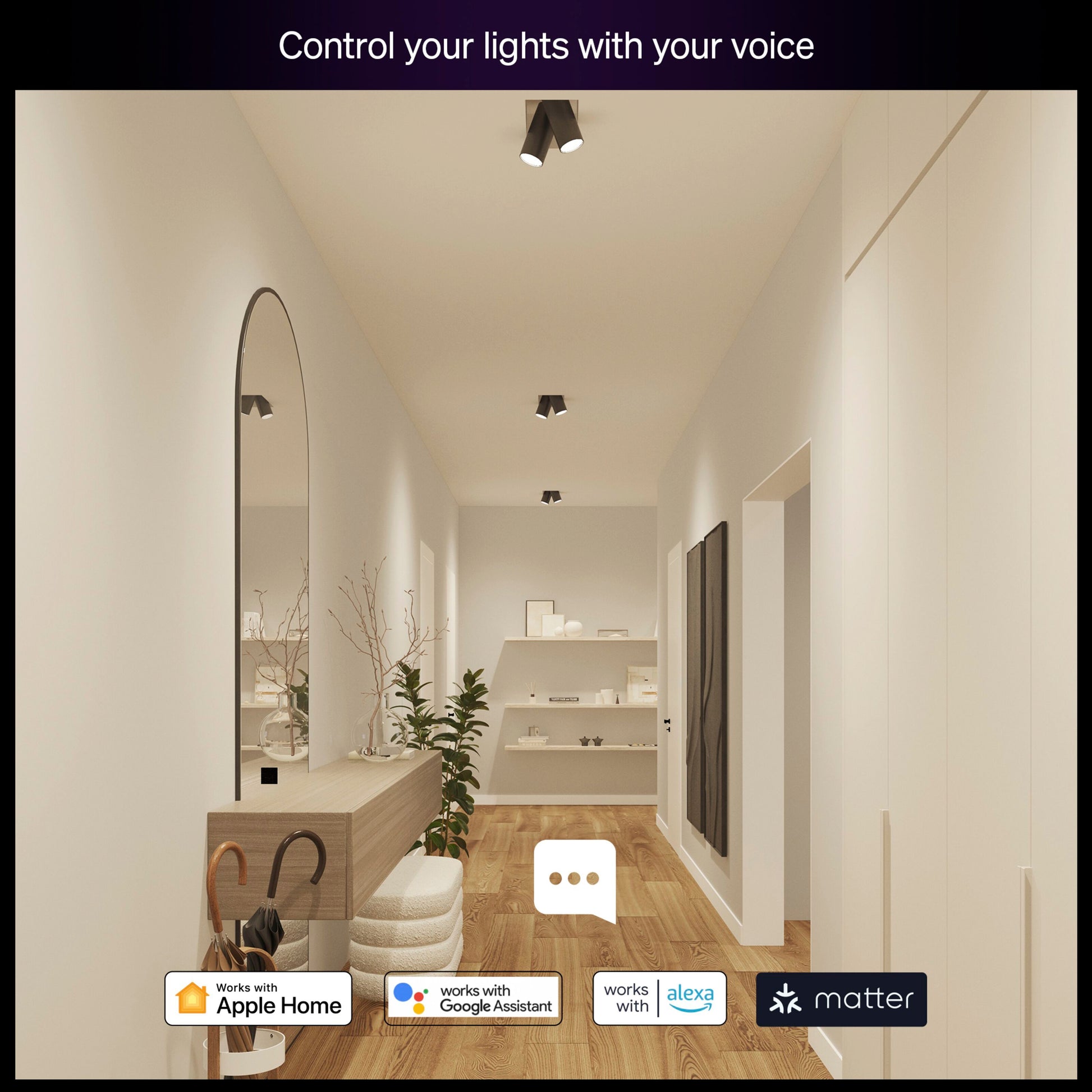 Philips Hue Essential Smart LED-pære GU10 345 lm 3-pak med Apple Home, Google Assistant, Alexa og Matter logoer.