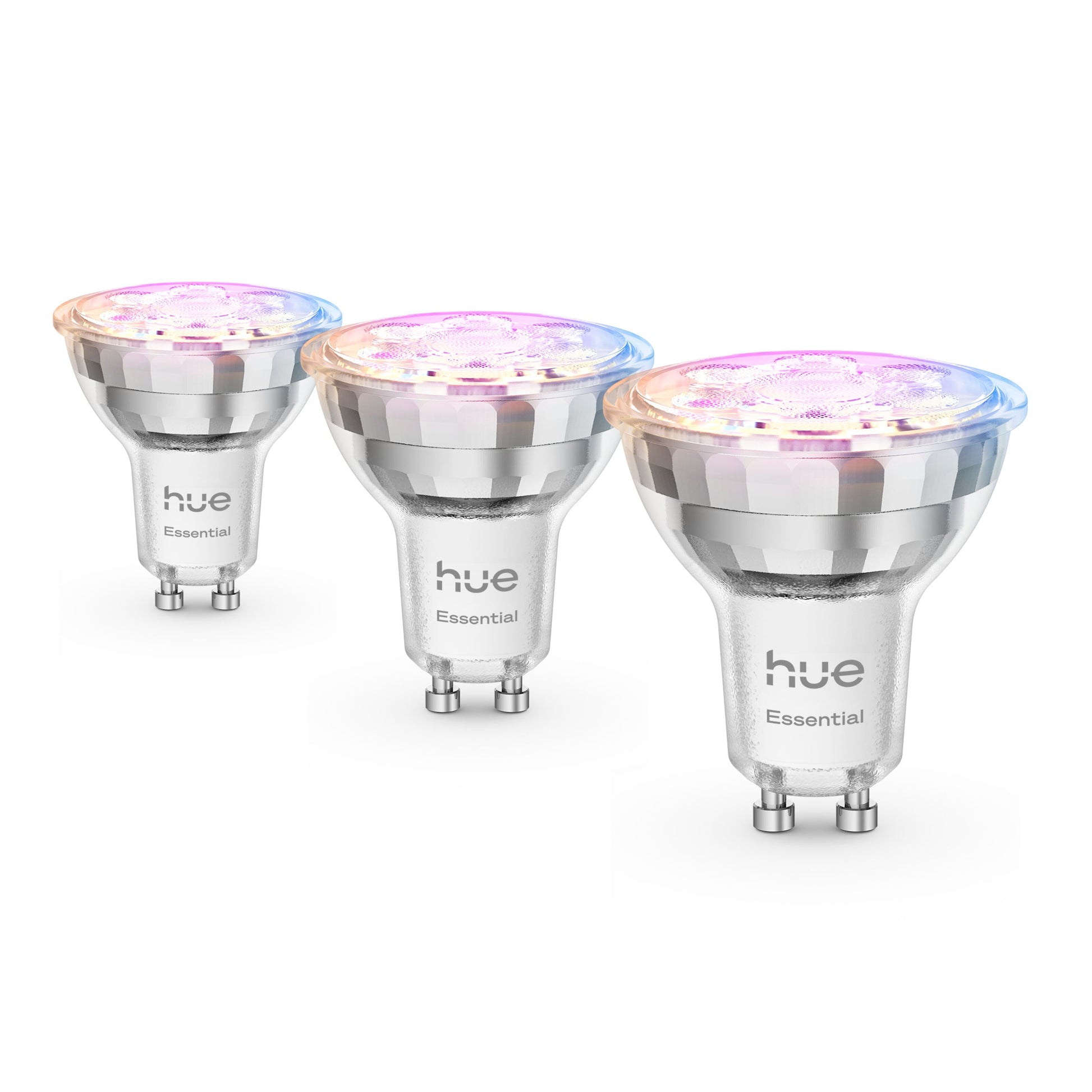 Philips Hue Essential Smart LED-pære GU10 345 lm 3-pak lilla og varm hvid lys, synlige tre pærer arrangeret på række.
