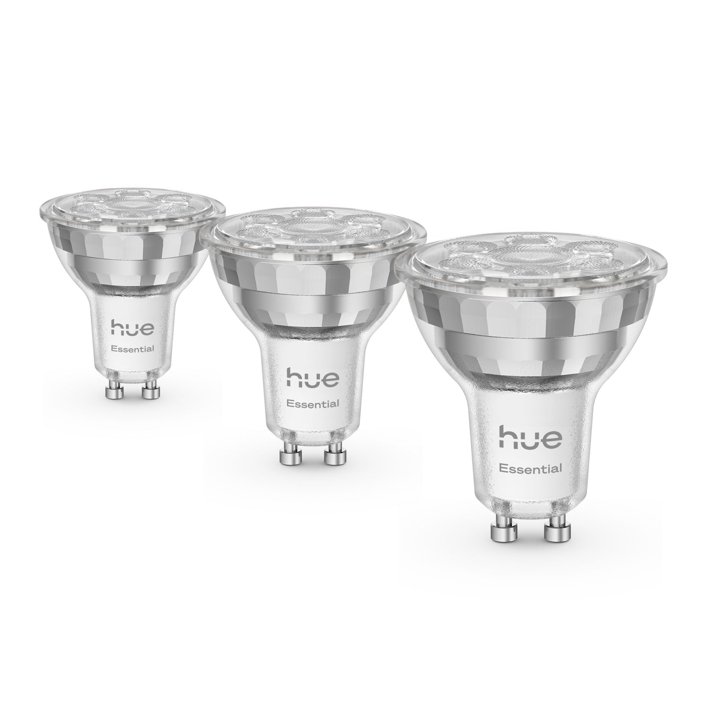 Philips Hue Essential Smart LED-pærer GU10 345 lm 3-pak sølv finish med Philips Hue logo printet på hver pære.
