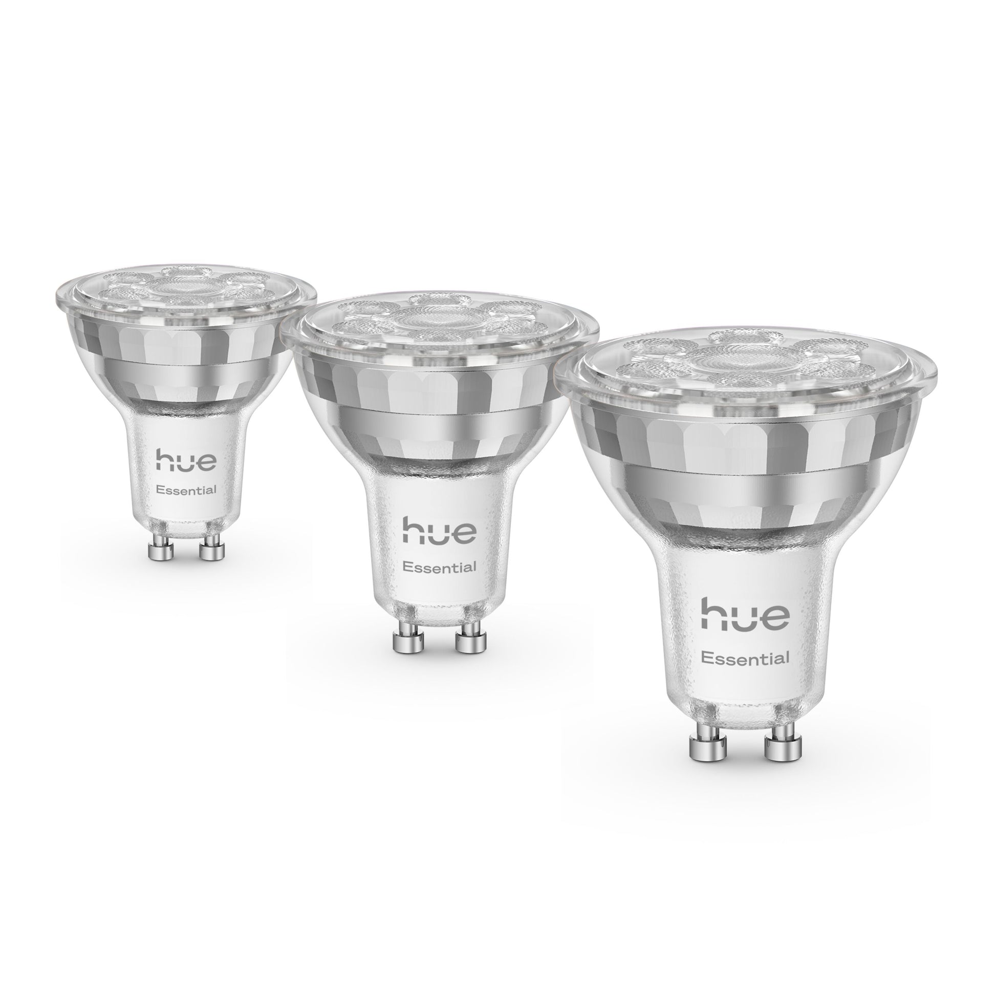 Philips Hue Essential Smart LED-pærer GU10 345 lm 3-pak sølv finish med Philips Hue logo printet på hver pære.