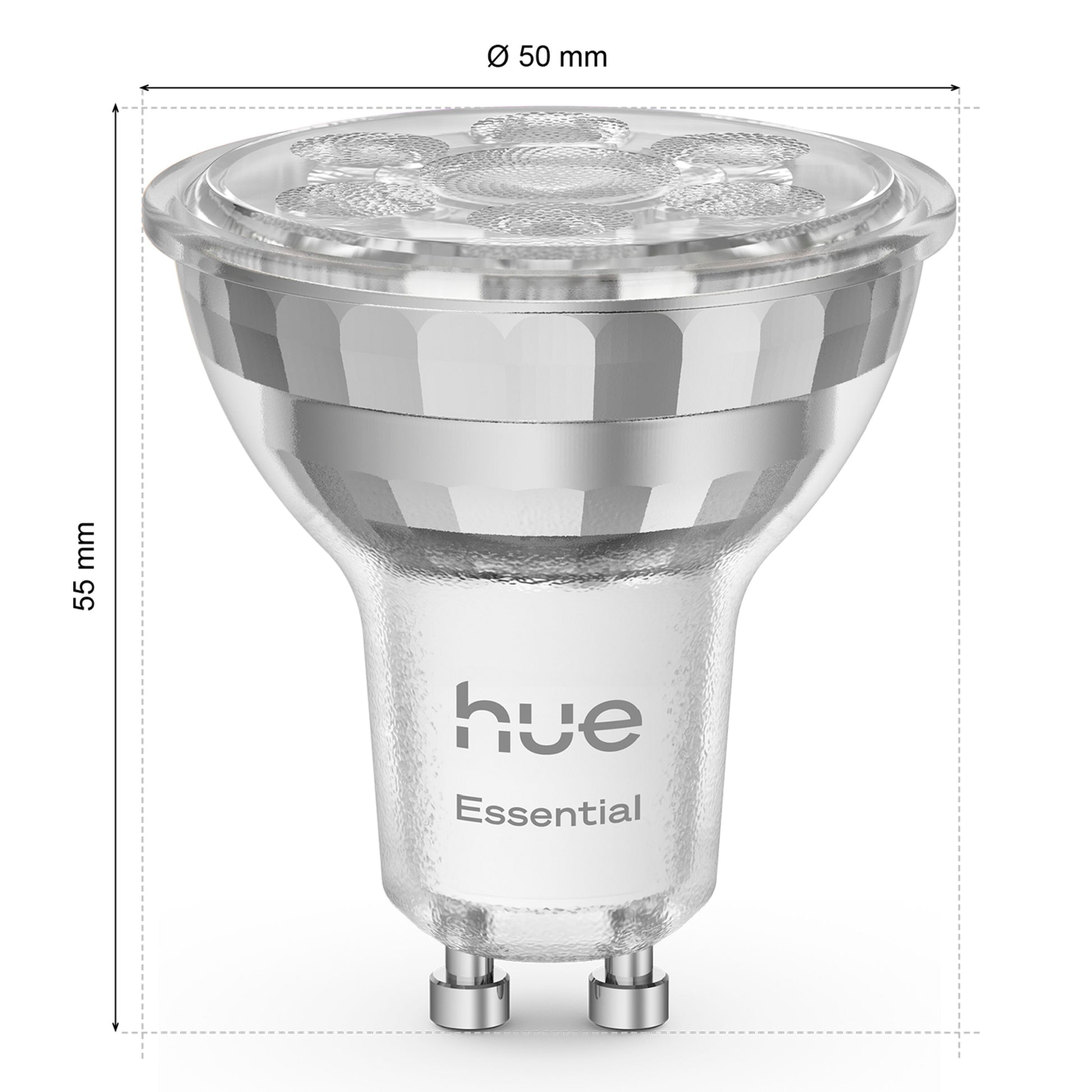 Philips Hue Essential GU10 Smart LED-pære 3-pak, 345 lm, spotlight-form, GU10 fatning, diameter 50 mm, højde 55 mm.