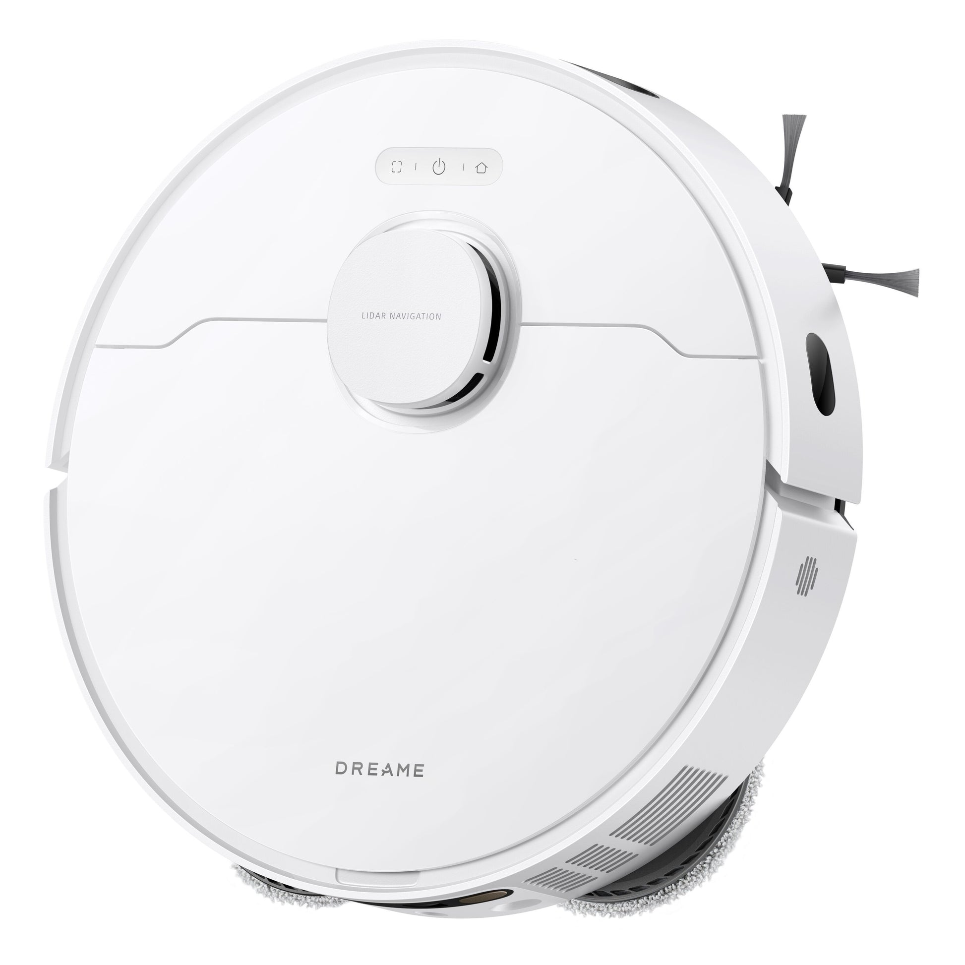 Dreame D20 Ultra robotstøvsuger hvid, rund form, hævet sensor, sidebørster.