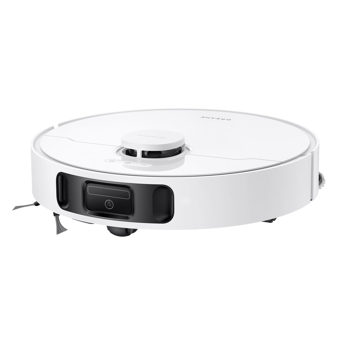Dreame D20 Ultra robotstøvsuger hvid med rundt design, sidebørste og frontsensorer.