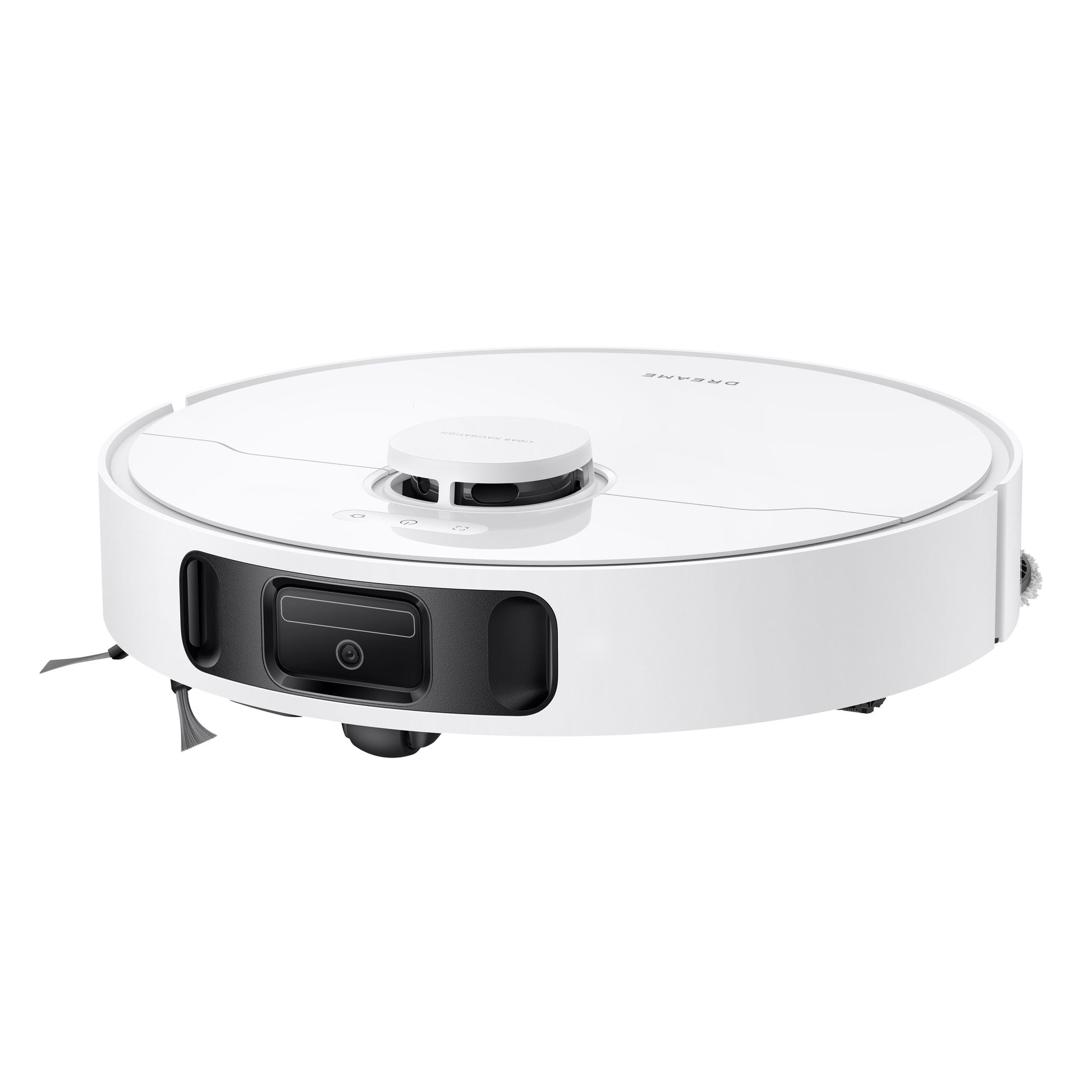 Dreame D20 Ultra robotstøvsuger hvid med rundt design, sidebørste og frontsensorer.
