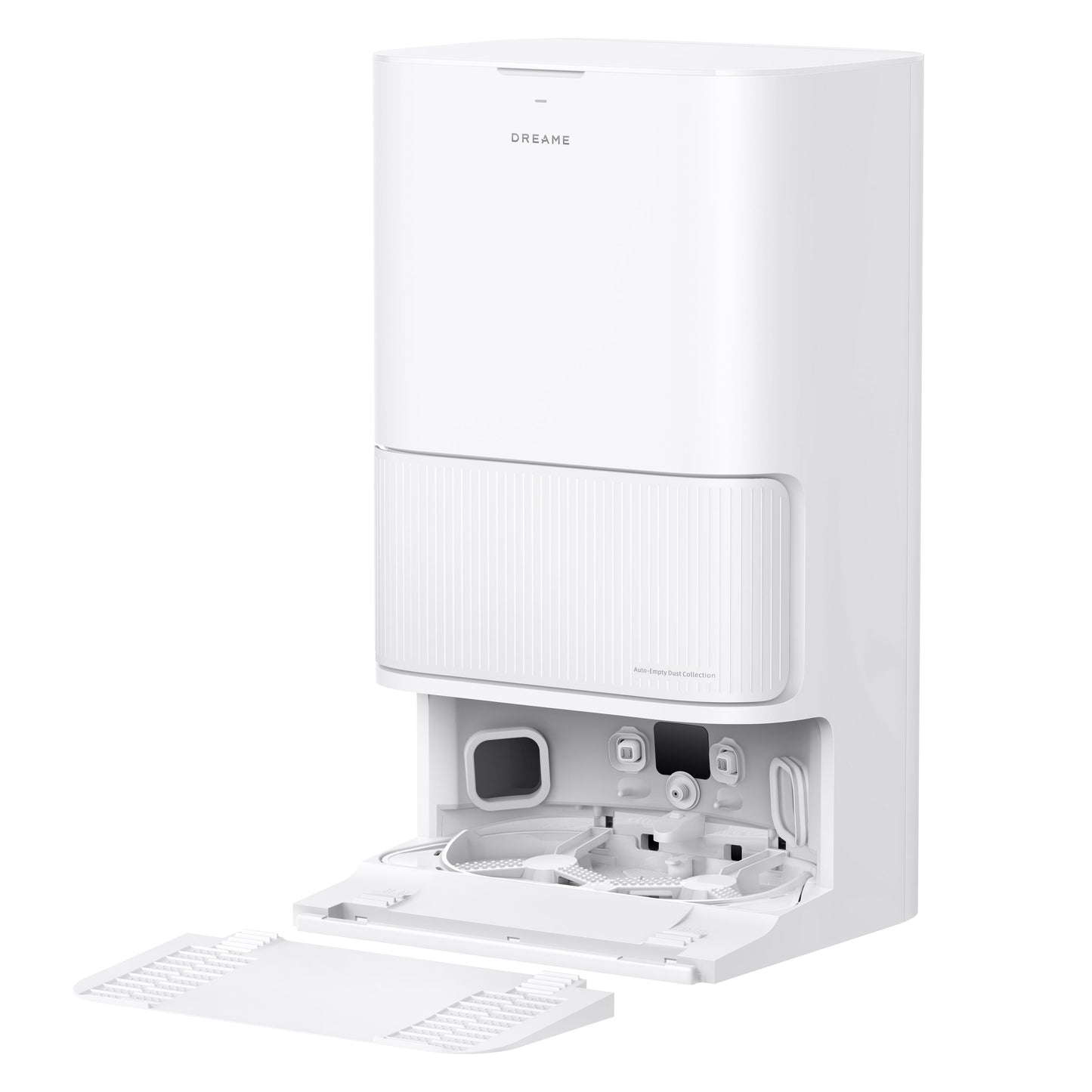 Dreame D20 Ultra robotstøvsuger hvid med åben frontpanel viser interne rum og slanger.
