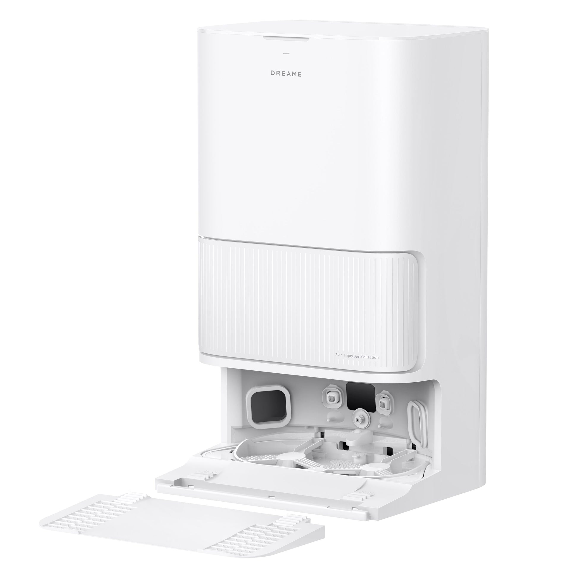 Dreame D20 Ultra robotstøvsuger hvid med åben frontpanel viser interne rum og slanger.