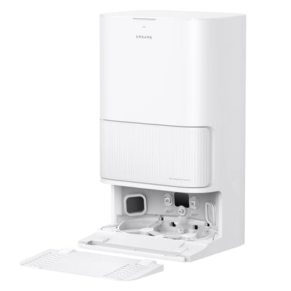Dreame D20 Ultra robotstøvsuger hvid med åben frontpanel viser interne rum og slanger.